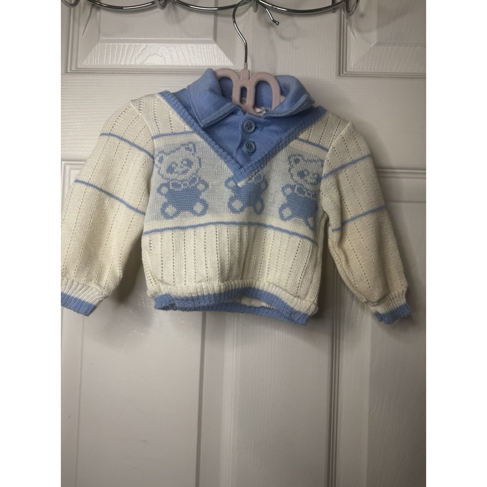 Vintage Baby Sweater Bull Frog Knits Teddy Bear USA 3-6M Blue Knit Pullover